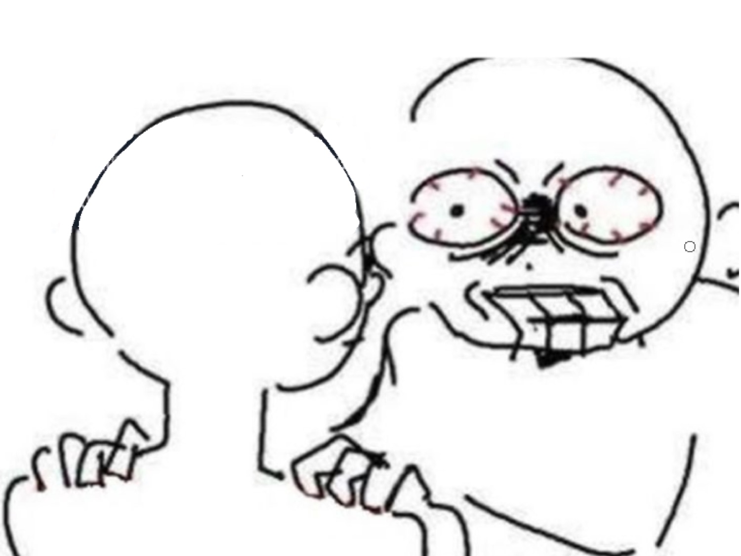 Crudely drawn figure gritting its teeth in wide-eyed nervous panic