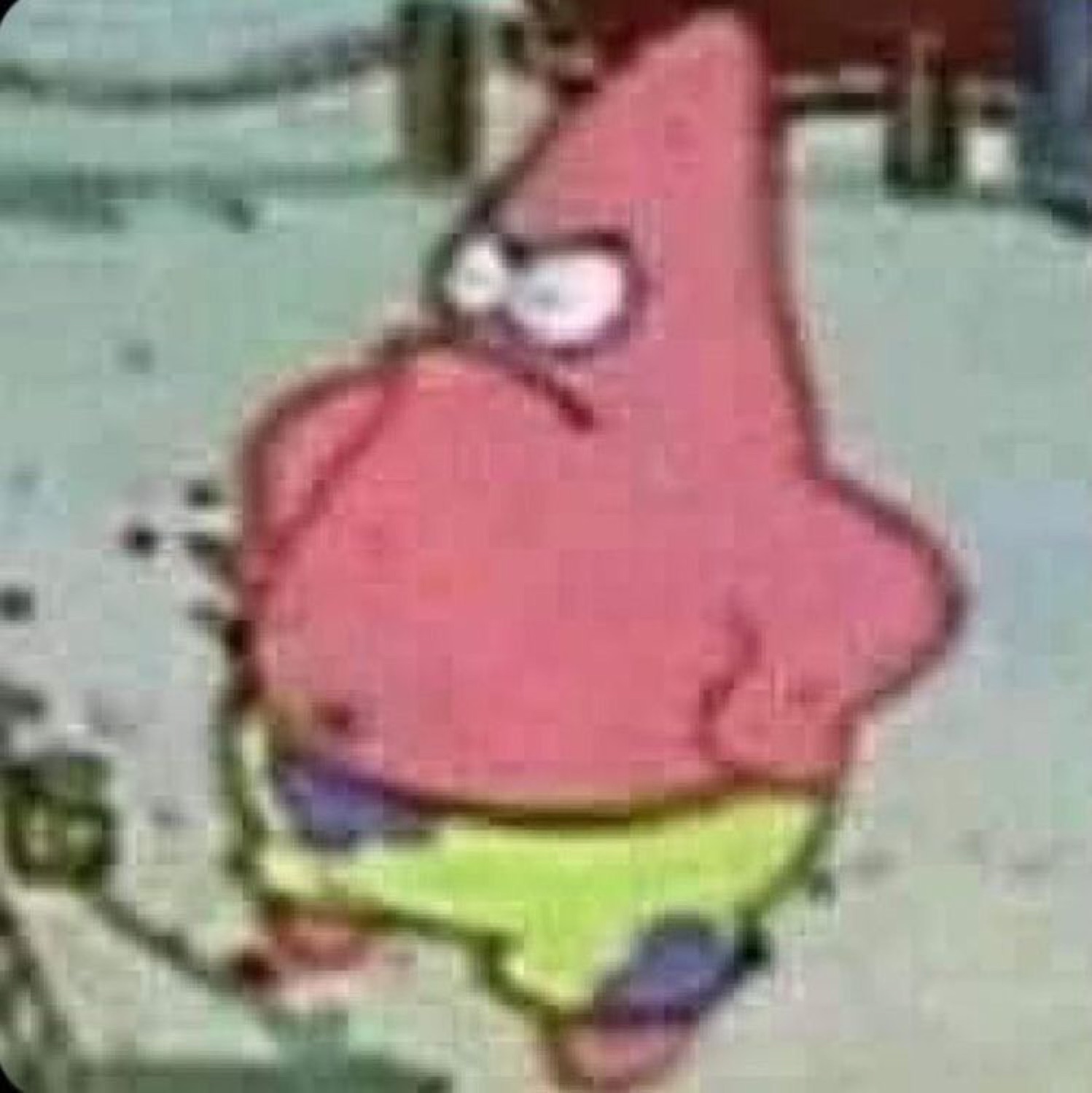 Grainy Patrick Star turning back with narrowed, suspicious angry eyes