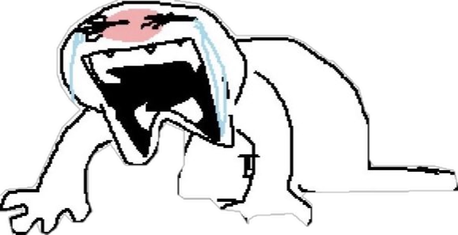 Troll-face creature collapsed on the floor in full ugly-cry meltdown mode
