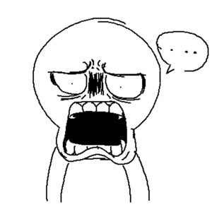 Rage-face cartoon character screaming with furrowed brows and a speech bubble containing just '...'