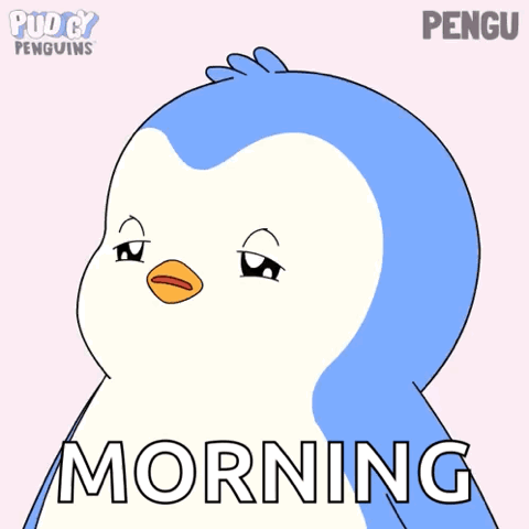 Pengu the penguin with droopy sleepy eyes, "Morning"