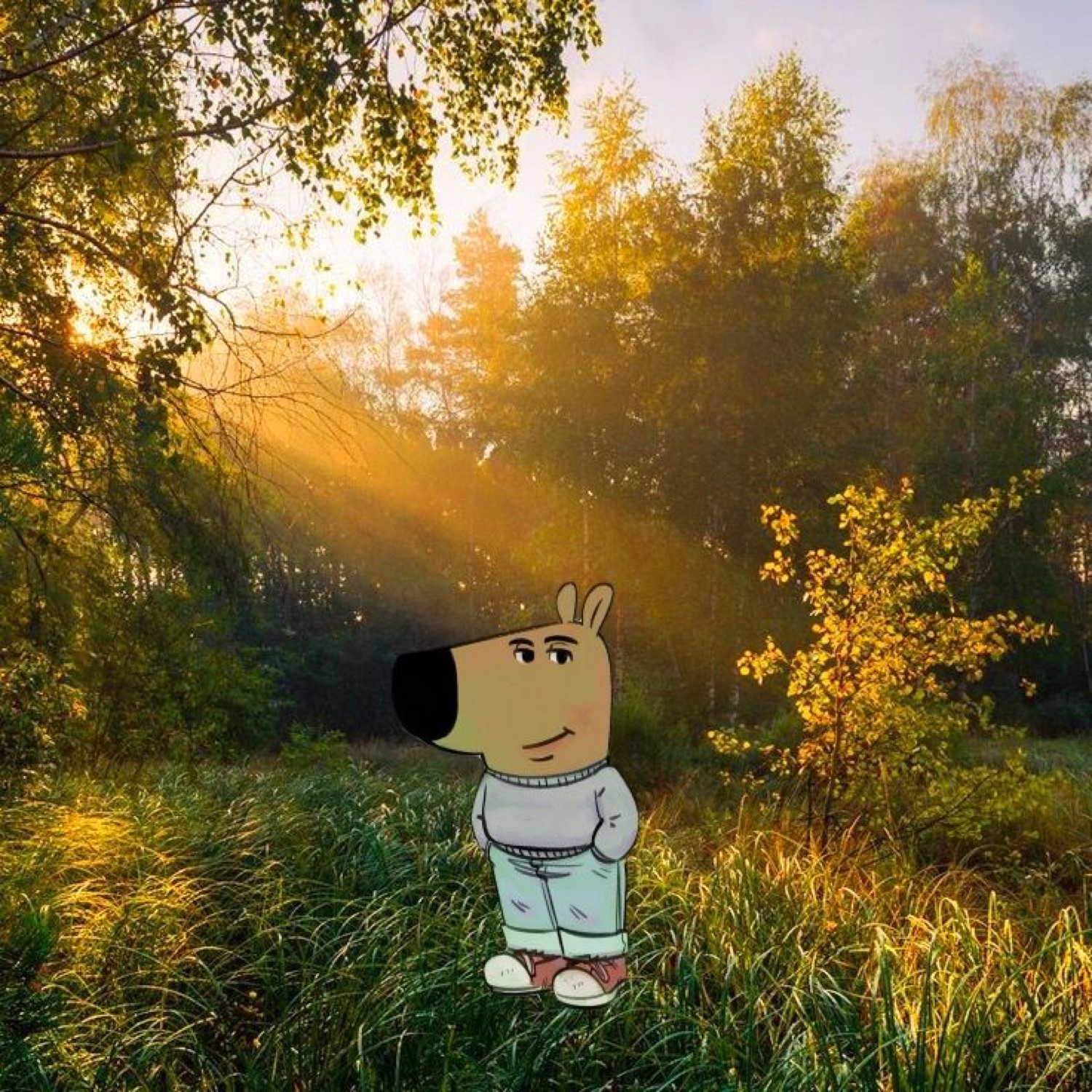 Tiny Chill Guy, the cartoon dog, standing calmly in a sunlit forest clearing