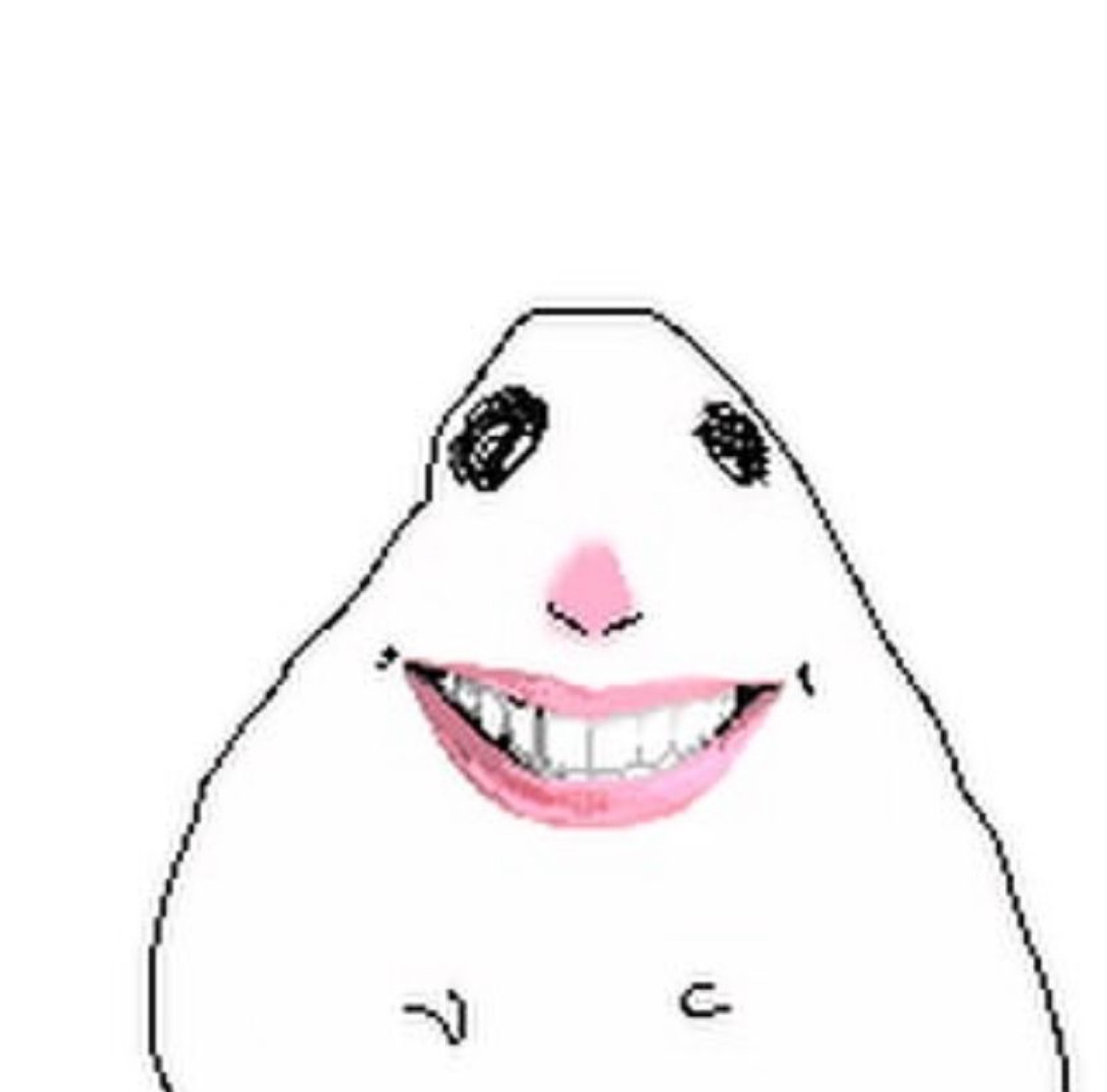 Crudely drawn blob face with a big pink lipstick grin and blank scribbled eyes