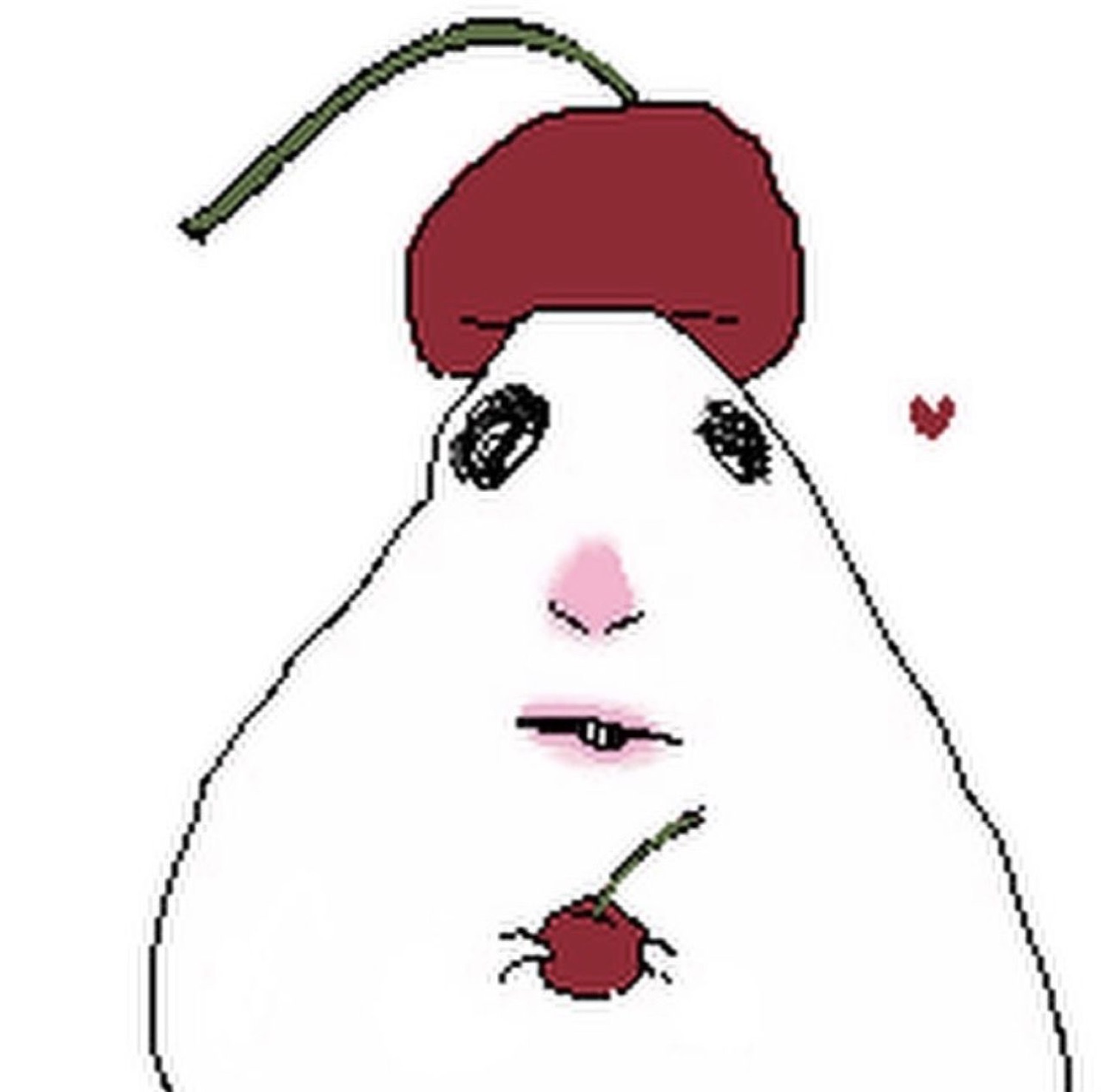 White blob creature with a cherry on its head, blushing and biting its lip