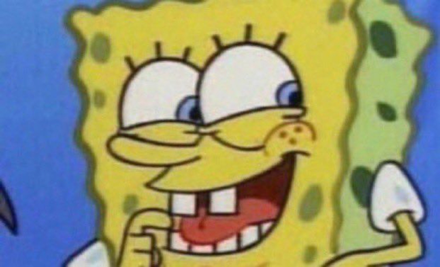 SpongeBob squinting with a sly conniving grin, plotting something devious