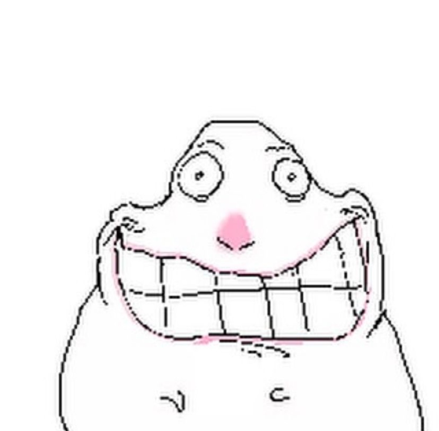 Crude doodle face with bug eyes and a huge strained grin full of blocky teeth