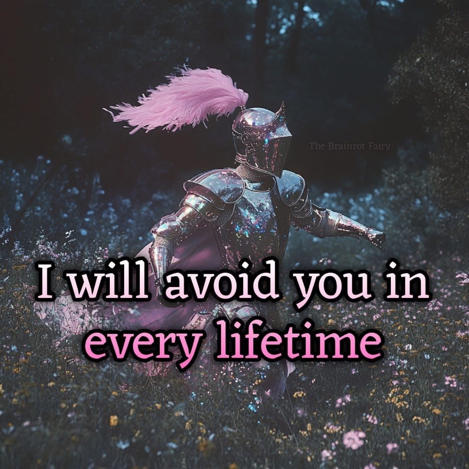 Knight with a pink plume in a dark forest: 'I will avoid you in every lifetime'