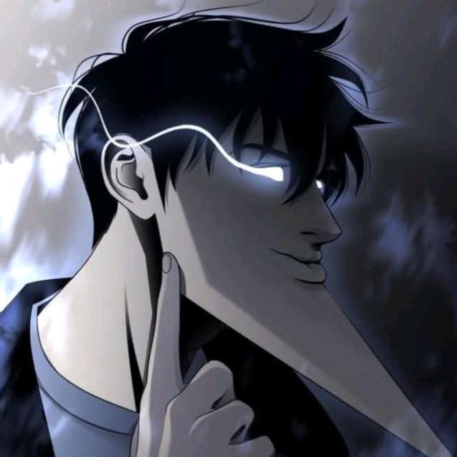 Anime man with a glowing eye and a long sharp nose smirking, finger on his chin