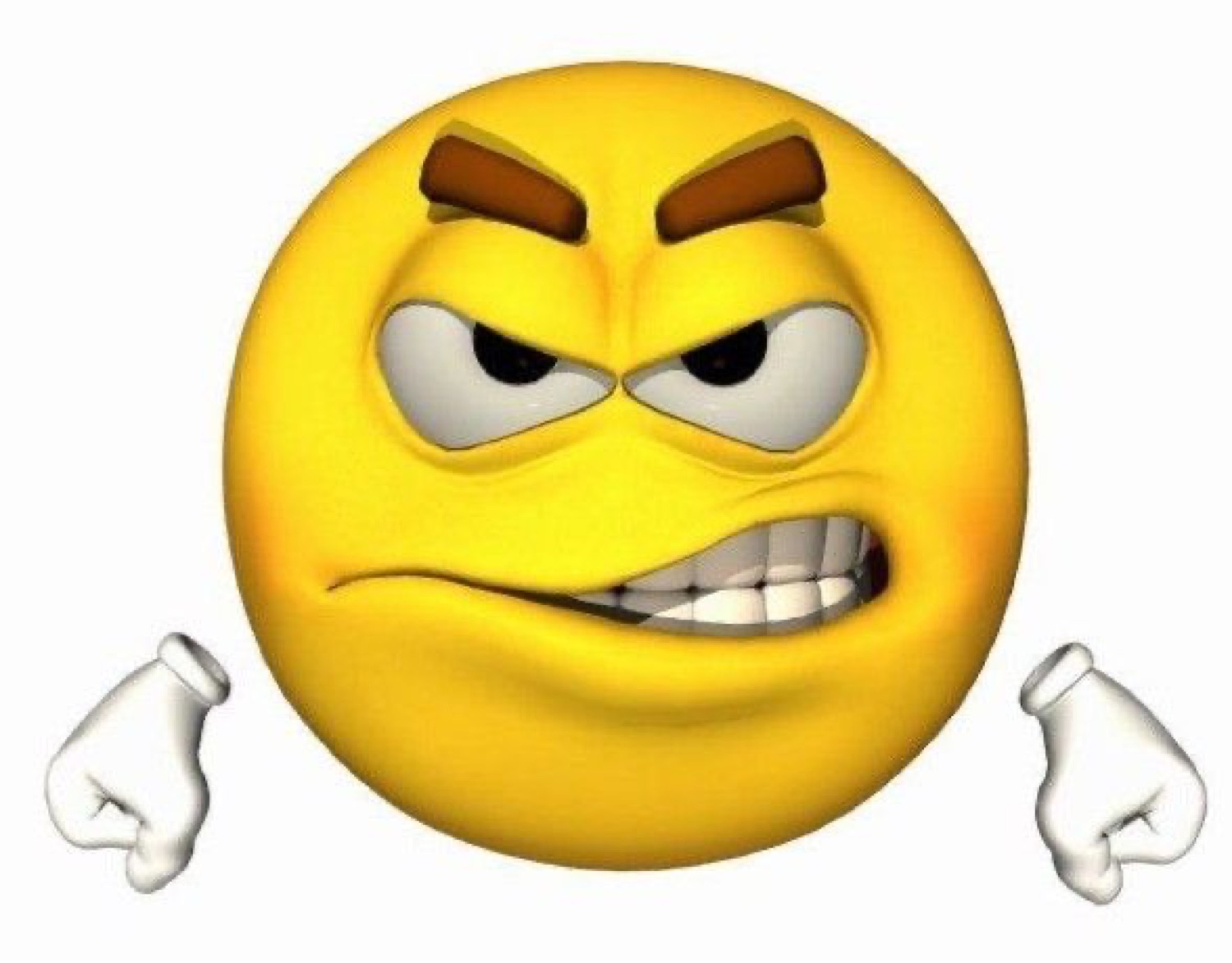 3D emoji-style angry face with clenched fists, brows down hard, gritting its teeth