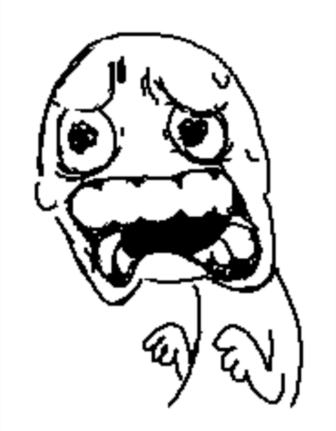 Crude rage-comic face grimacing in terror with hands raised