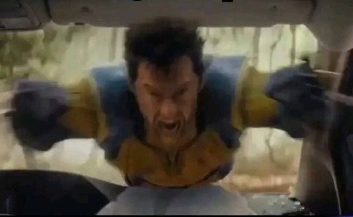 Wolverine bursting through a car windshield in full yellow suit, snarling with claws out