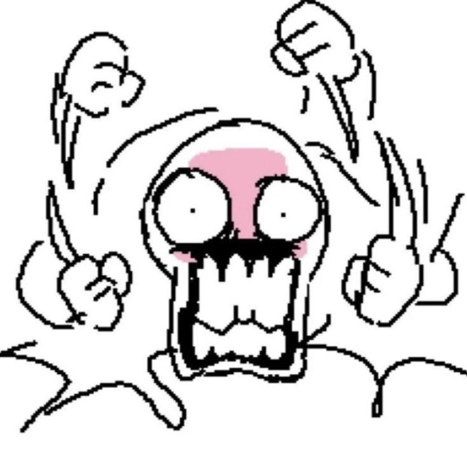 Crudely drawn stick figure losing its mind with wide eyes and both fists raised