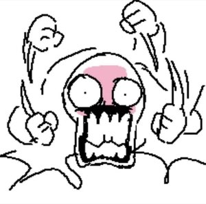 Crudely drawn stick figure losing its mind with wide eyes and both fists raised
