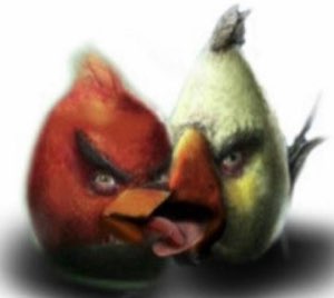 Hyper-realistic Angry Birds Red and Matilda staring down with pure menace