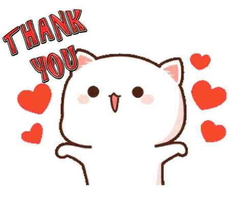 Cute cartoon cat with hearts, "Thank you"