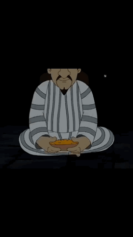 Small cartoon man in striped clothes meditating then shrugging