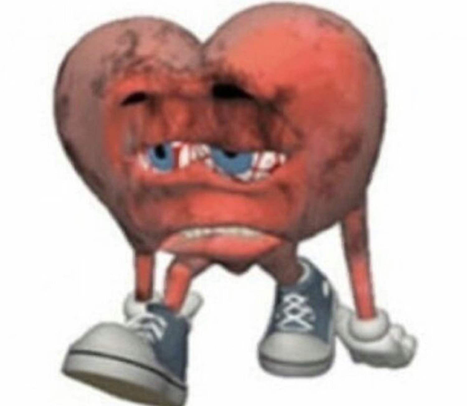 Sad cartoon heart with droopy eyes standing in sneakers