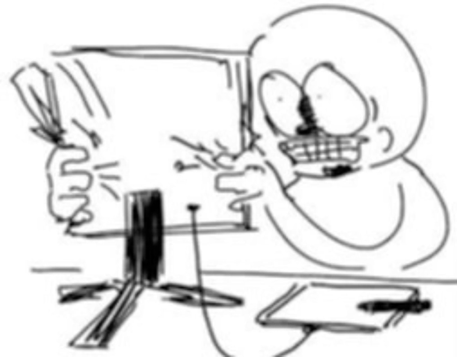 Cartoon character gleefully smashing a keyboard at a desk, absolutely unhinged