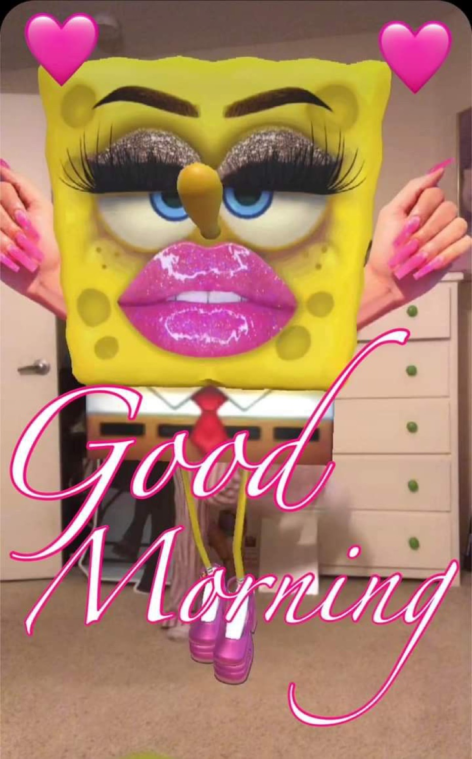 SpongeBob with huge pink lips and lashes: 'Good Morning'
