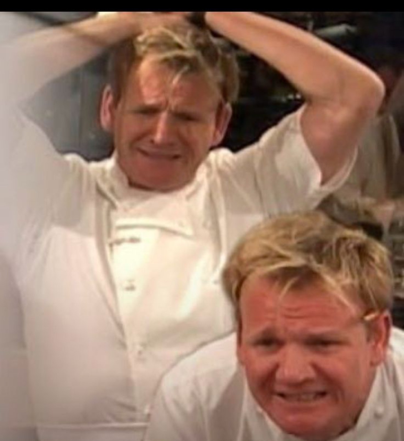 Gordon Ramsay clutching his head with a pained, disgusted grimace