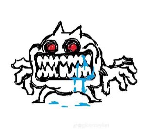 Unhinged cartoon monster with red eyes and blue drool streaming from its massive jagged-toothed grin