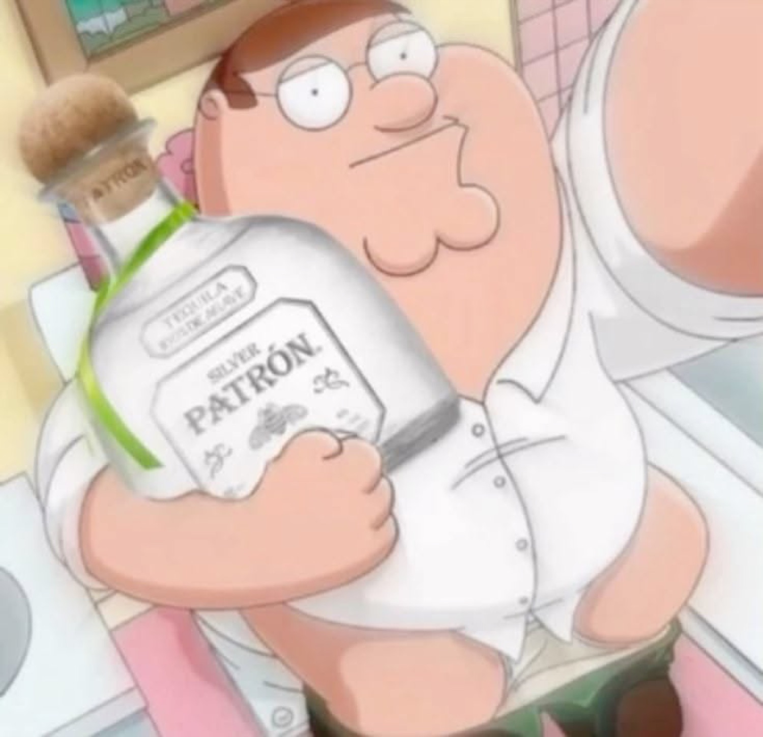 Peter Griffin sitting on the toilet hugging a bottle of Patron with a sly grin