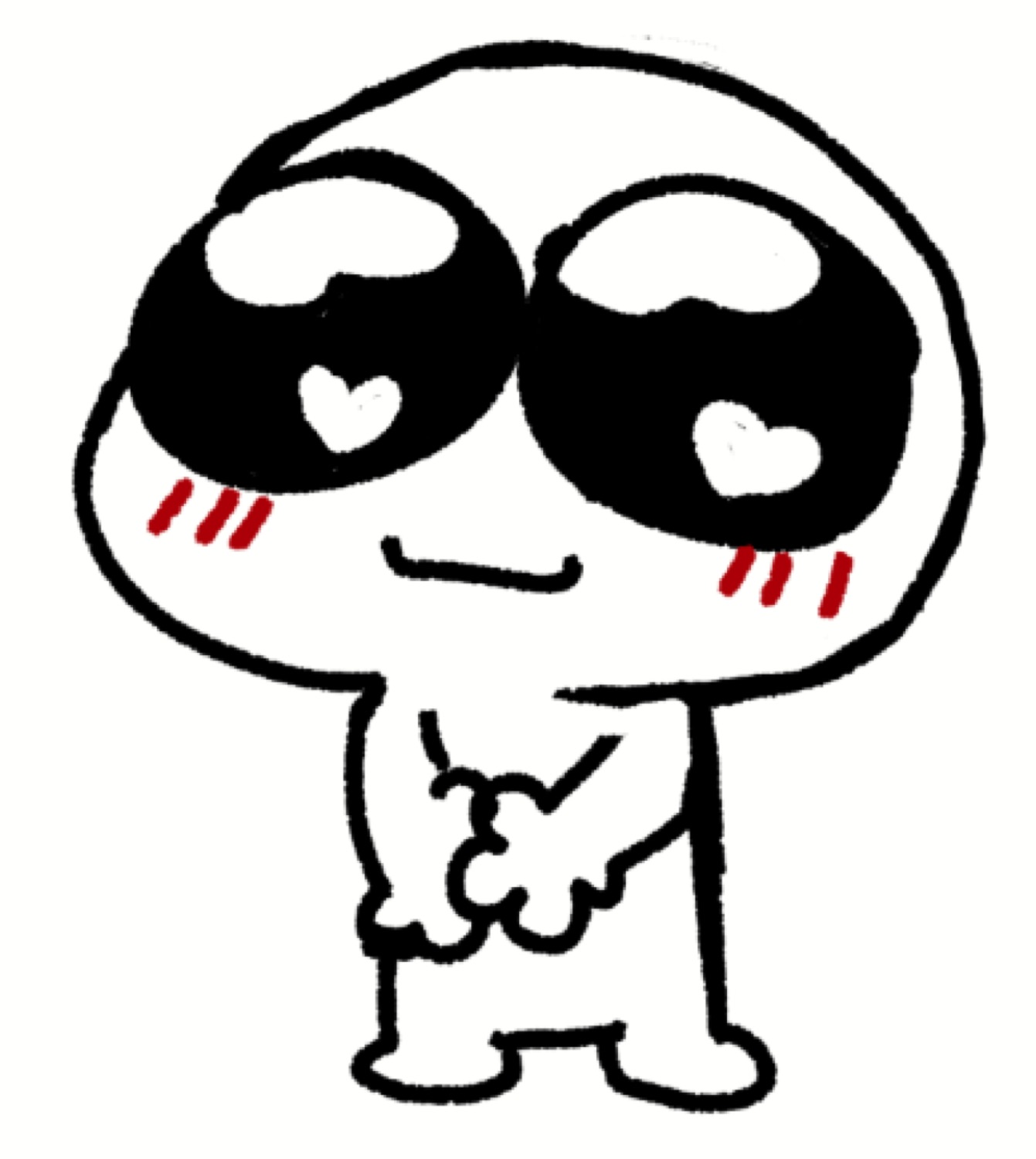 Simple black-and-white cartoon character with oversized heart eyes and rosy blush marks, fidgeting happily