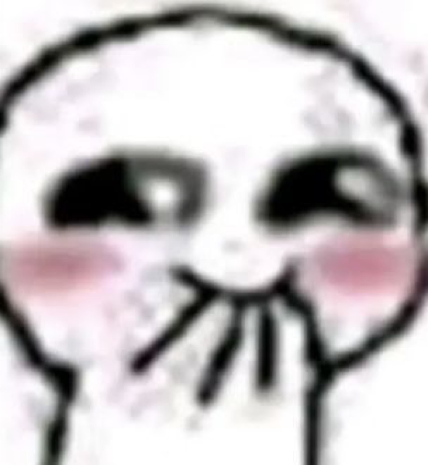 Blurry hand-drawn cartoon face with hollow eyes, rosy cheeks, and a shy hand-over-mouth gesture
