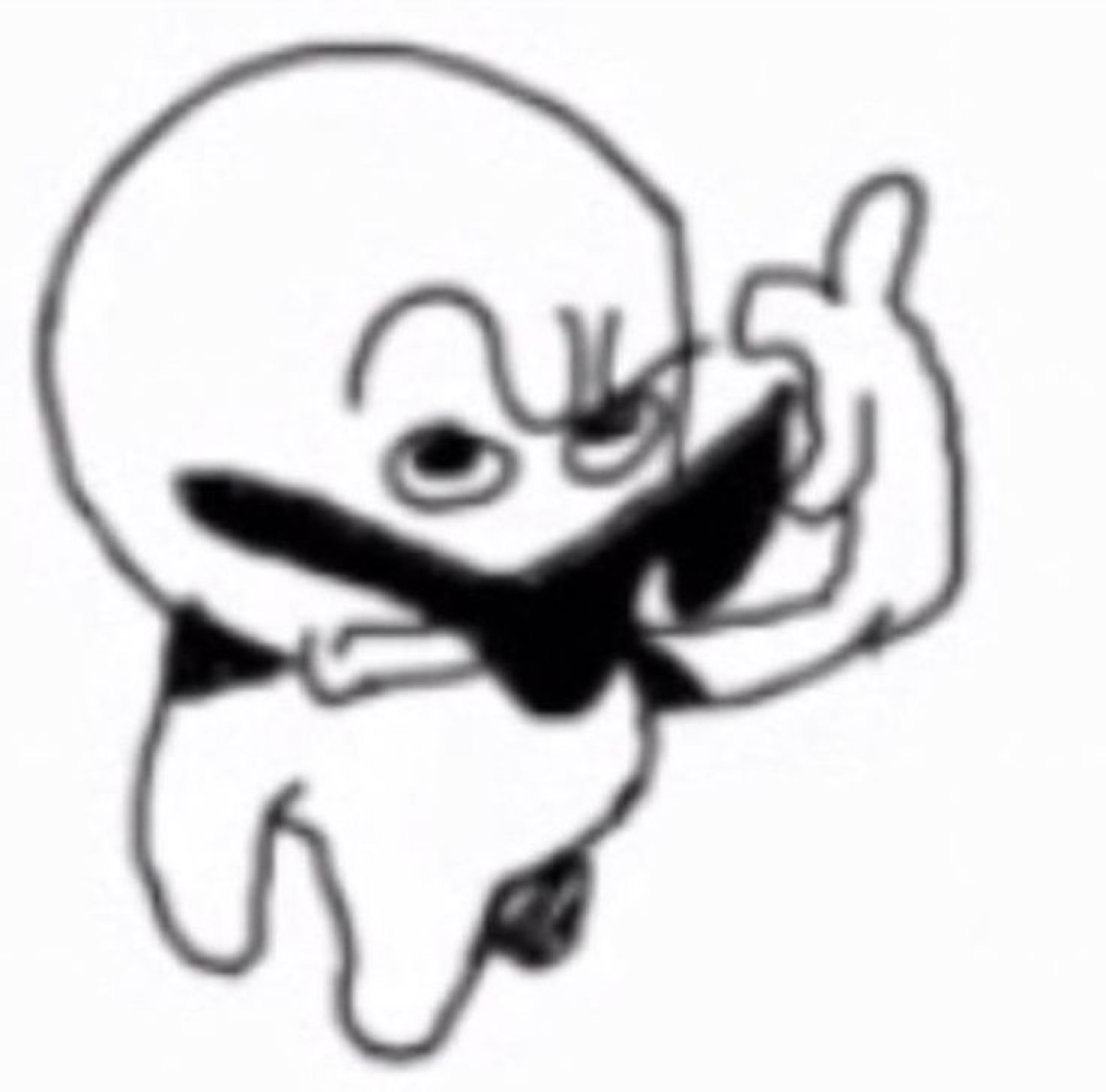 Rough black-and-white cartoon figure smirking and giving a cocky thumbs-up
