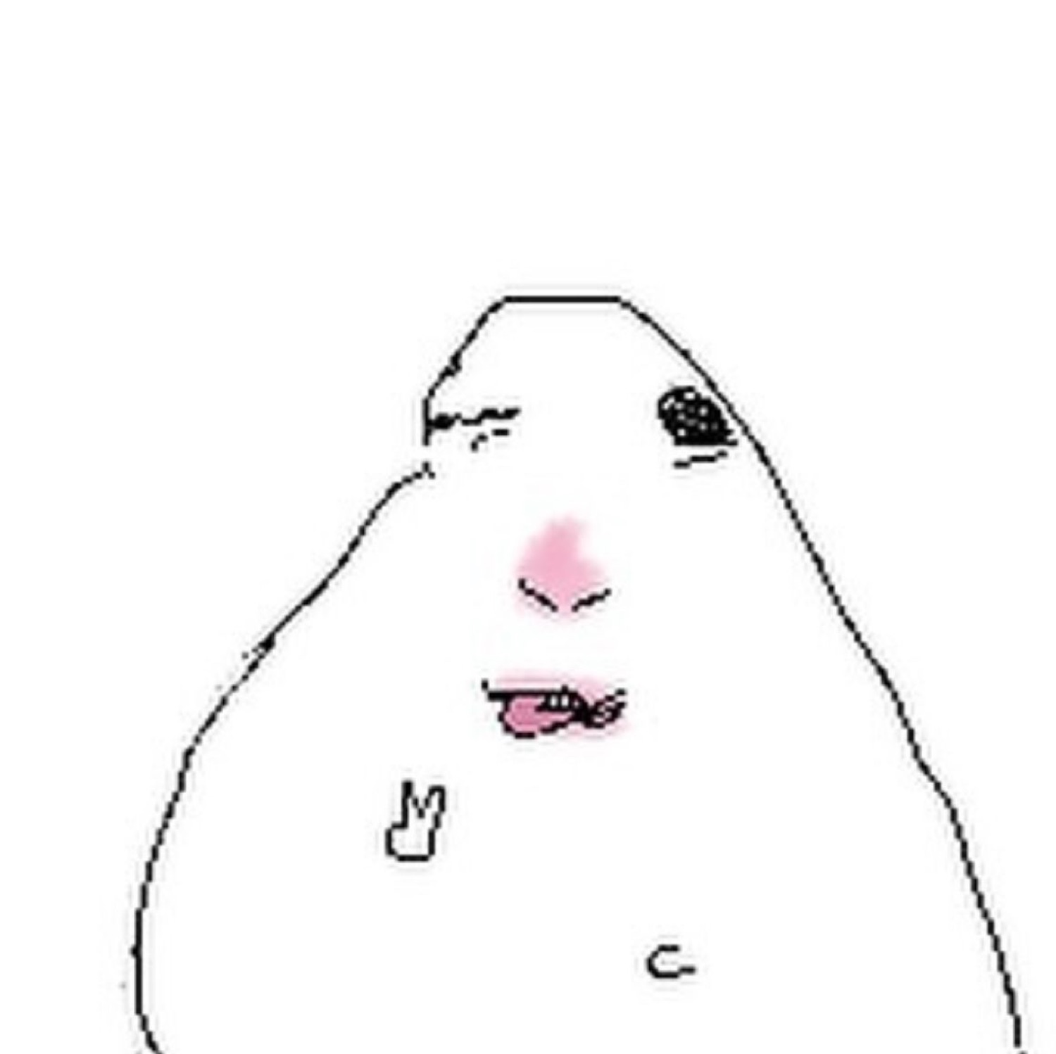 The troll blob meme giving a sly smirk with a peace sign, looking very pleased with itself