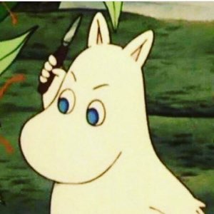 Moomintroll giving a sly wink with a knife held behind its head
