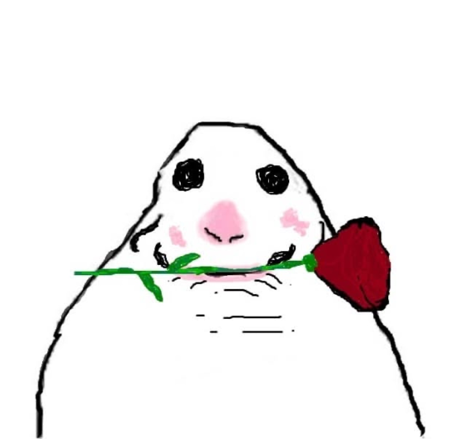 Crudely drawn chubby white animal holding a rose in its mouth with rosy cheeks