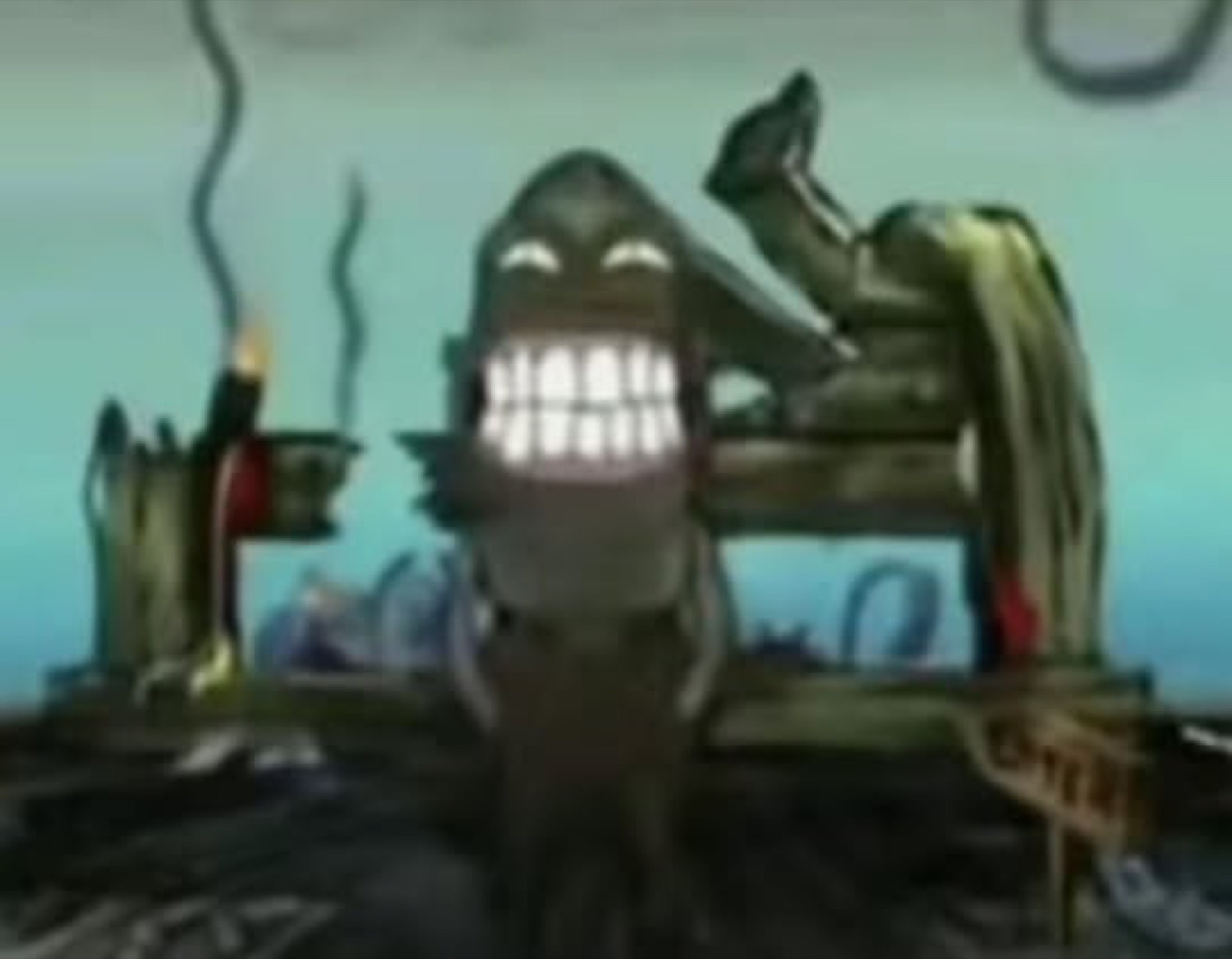Shadowy cartoon figure flashing a huge unsettling grin in a dim scene