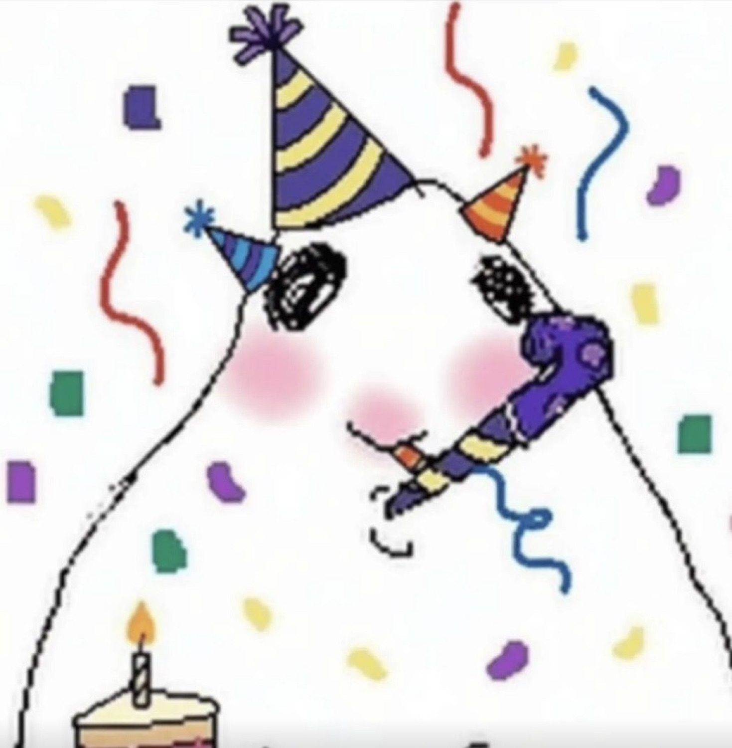 White blob in a party hat blowing a noisemaker surrounded by confetti