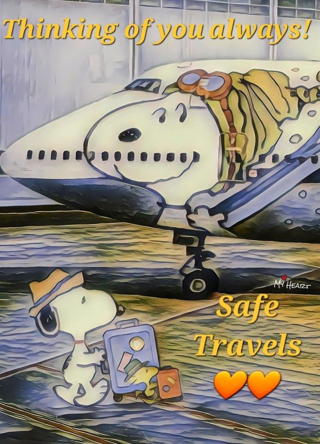 Snoopy with a suitcase by a plane: 'Thinking of you always! / Safe Travels'