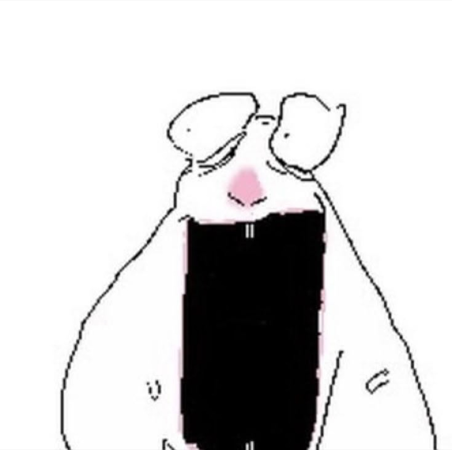 Crudely drawn blob character blushing hard while hiding behind a giant black phone