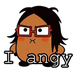Cartoon girl with glasses pouting with arms crossed, "I angy"