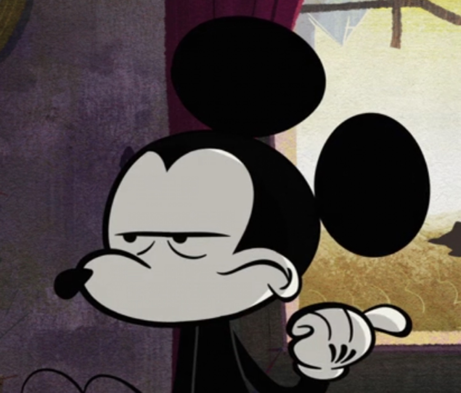Stylized Mickey Mouse smirking and pointing with a sly, judging look