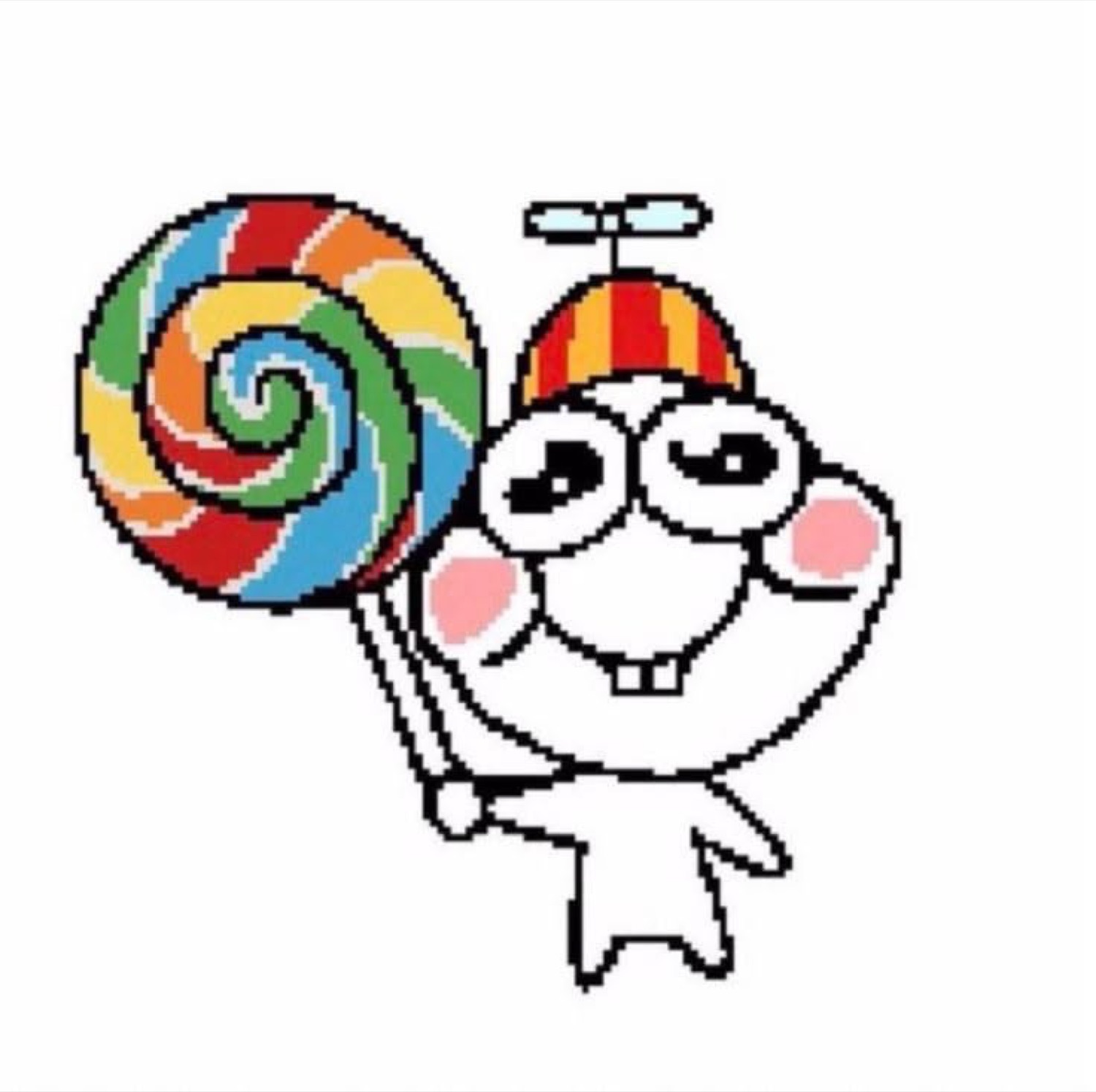 Pixelated cartoon critter in a propeller beanie proudly hauling a giant lollipop
