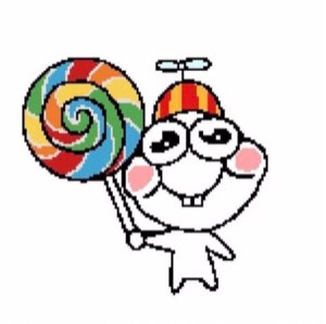 Pixelated cartoon critter in a propeller beanie proudly hauling a giant lollipop