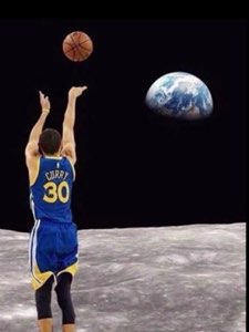 Steph Curry casually shooting a three from the surface of the moon toward Earth