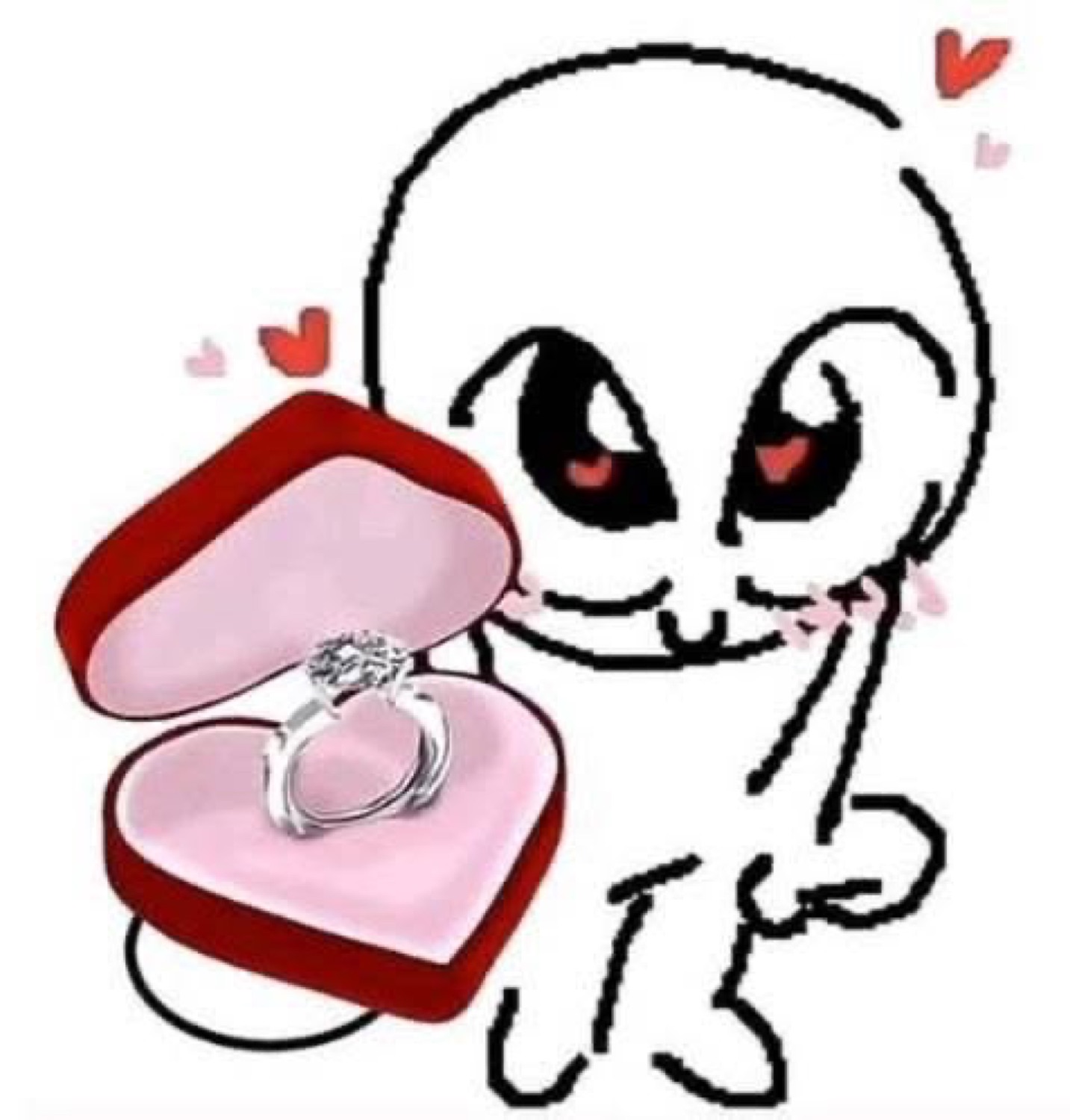 Doodled cat creature blushing with hearts, holding out a diamond ring in a heart box