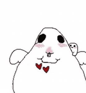 Chunky cartoon hamster-like creature with rosy cheeks and red hearts on its chest giving a sweet smile