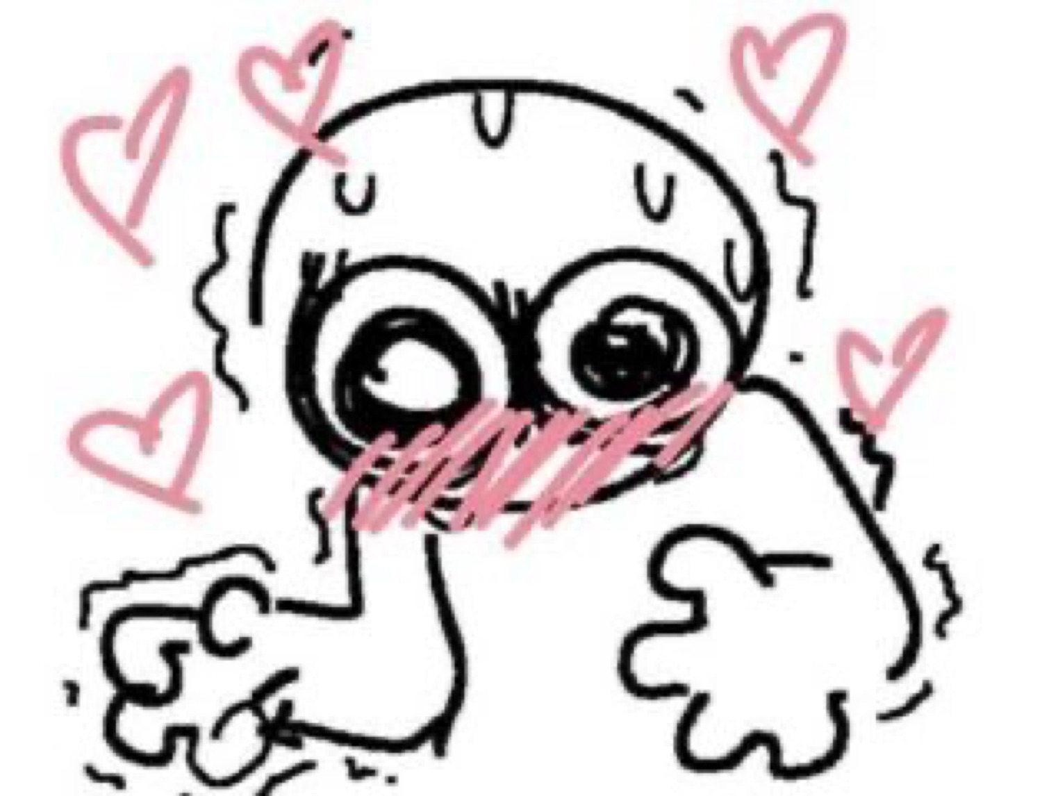 Hand-drawn cartoon blob with huge eyes, blushing cheeks, and hands clasped, surrounded by pink hearts
