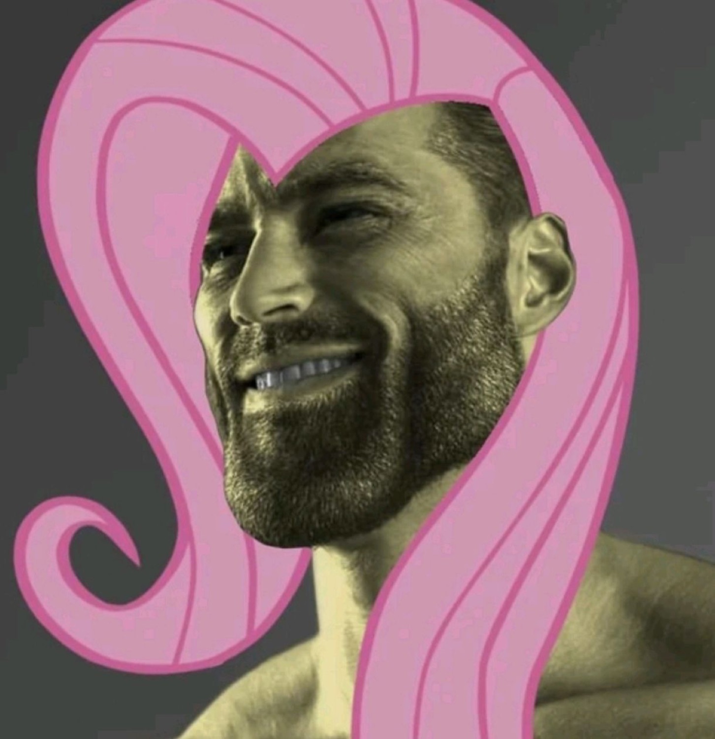 Gigachad's grinning face framed by Fluttershy's pink hair