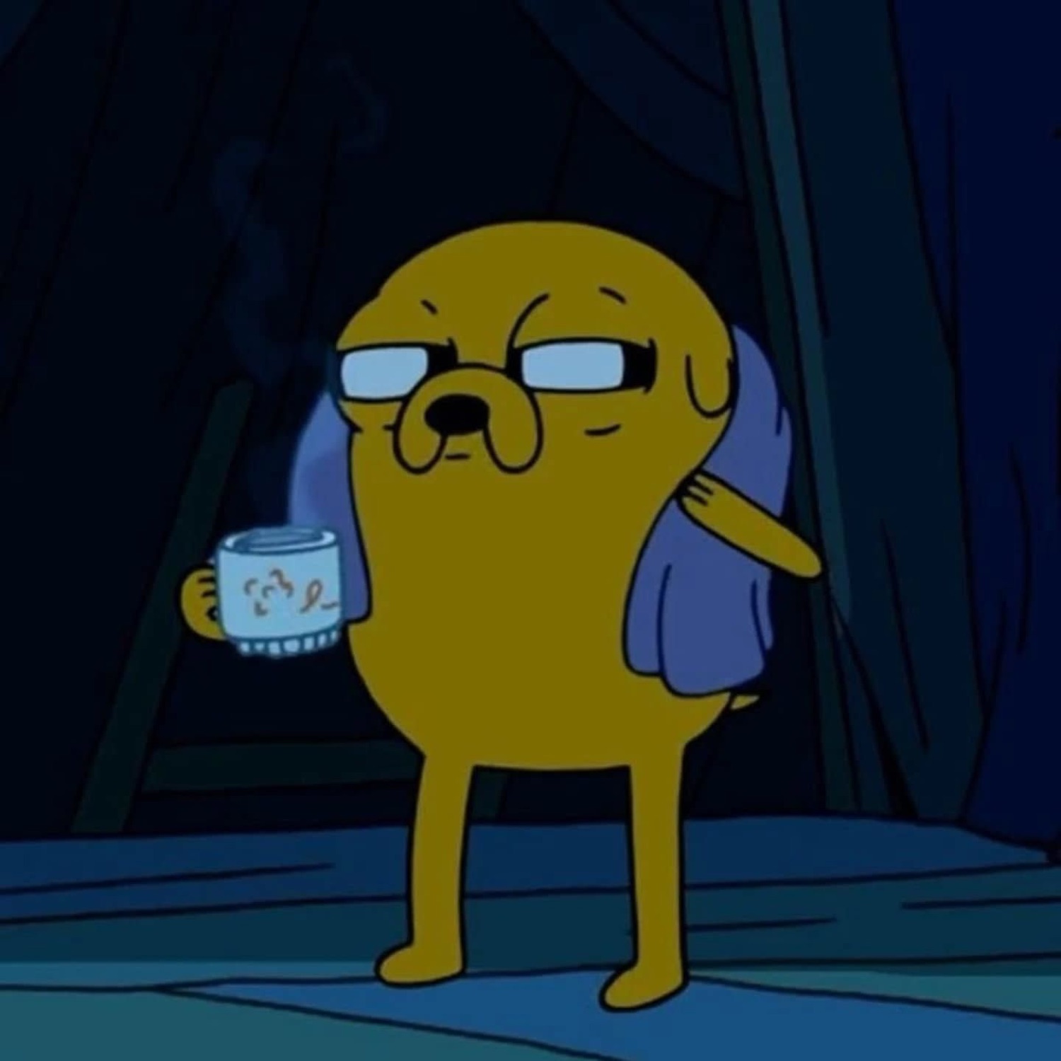 Jake the Dog in glasses holding a steaming mug with a tired, unbothered look