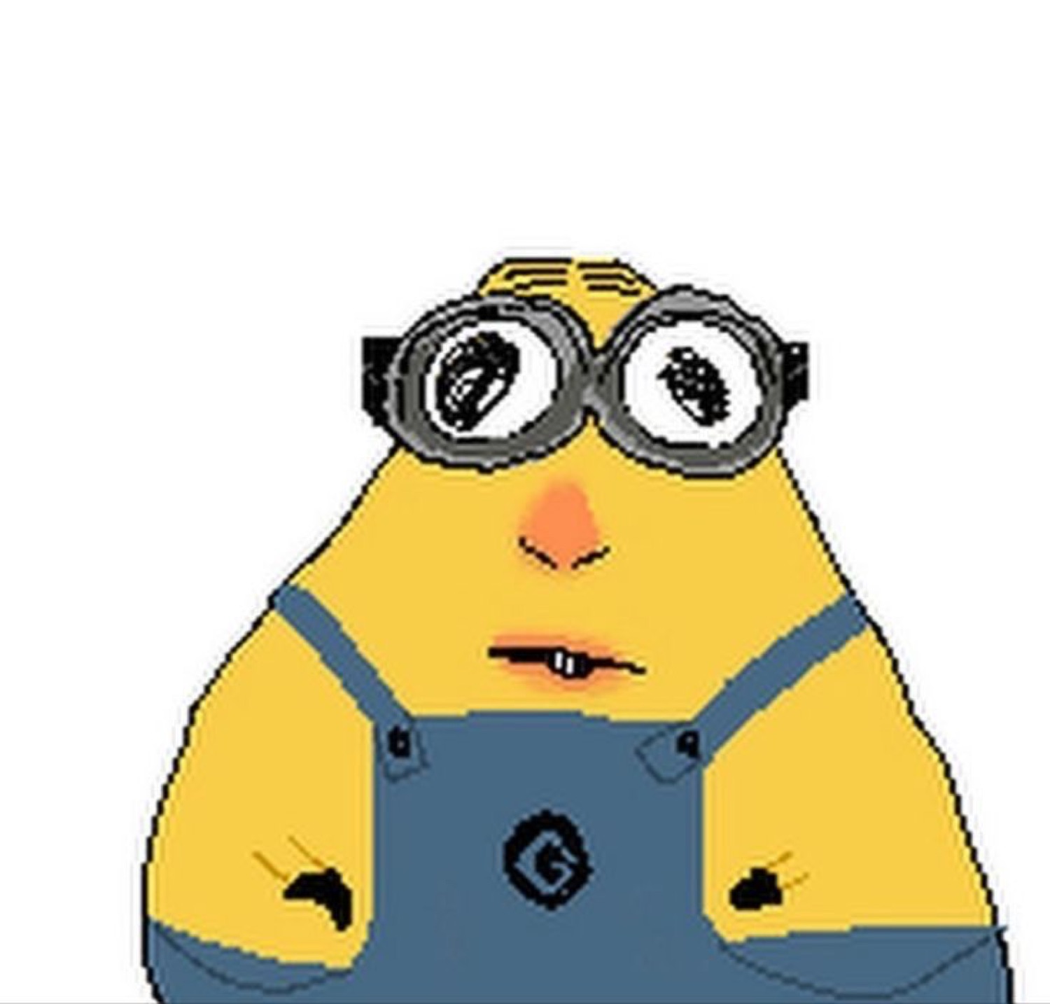Crudely drawn lumpy Minion staring straight ahead with a flat little frown