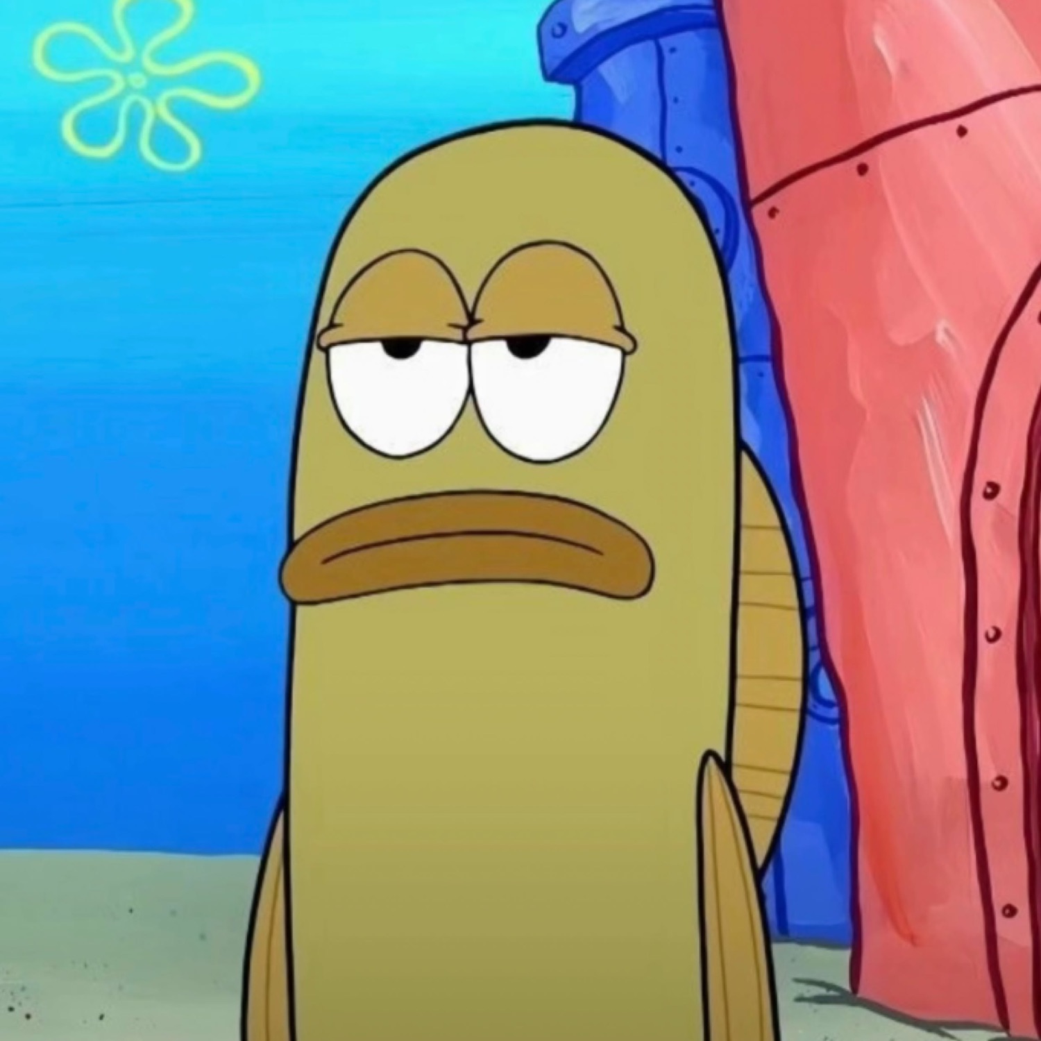 The dull-eyed SpongeBob fish standing outside the Krusty Krab looking thoroughly over it