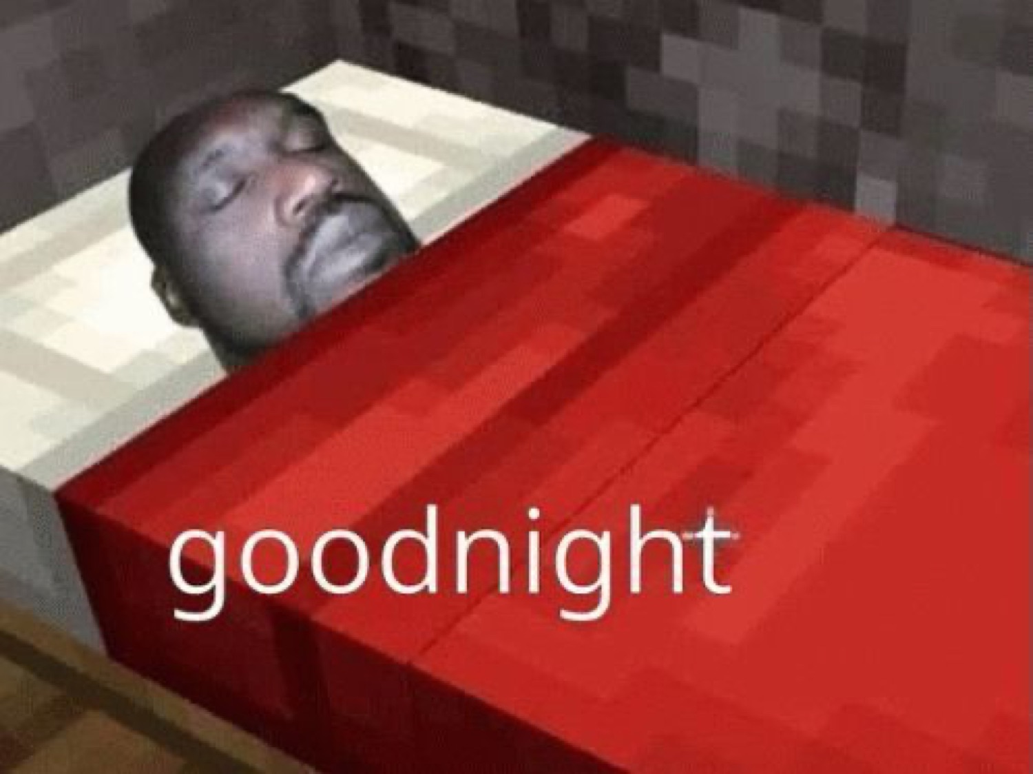 Shaq's face tucked into a Minecraft bed, captioned 'goodnight'