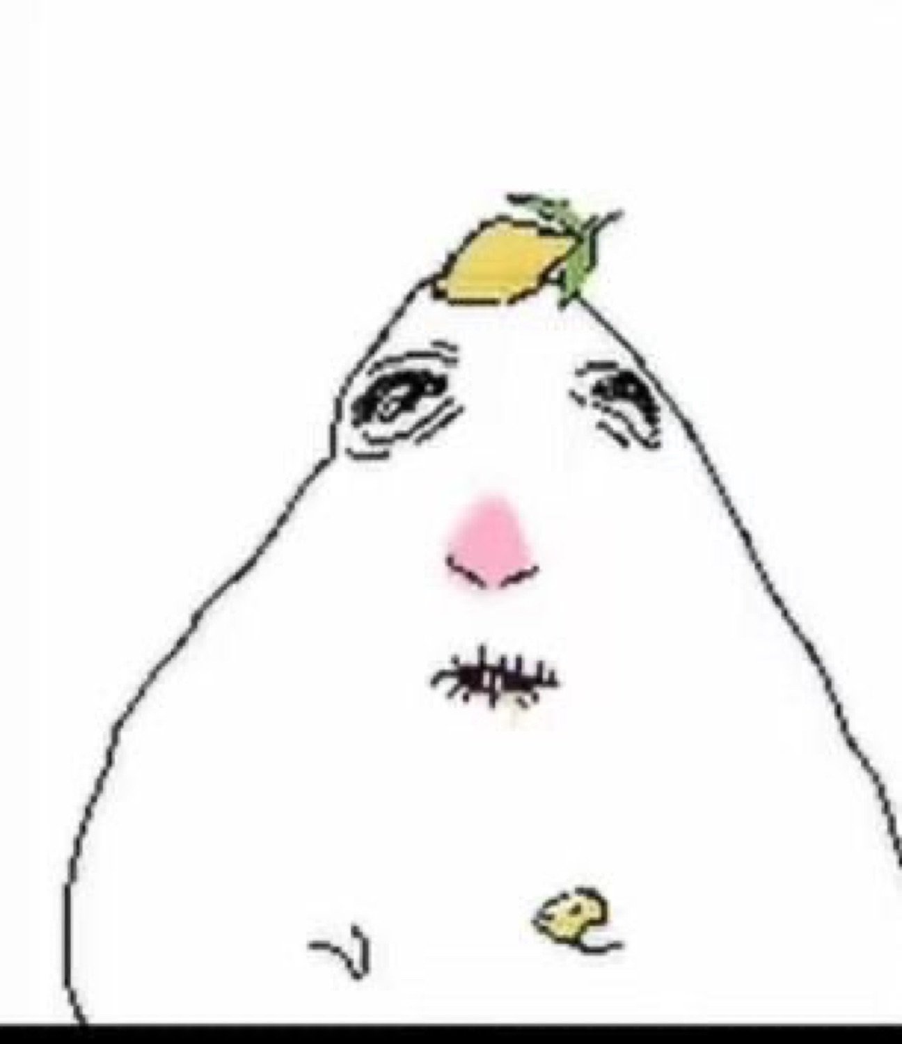 Lumpy white cartoon blob with teary droopy eyes and a lemon balanced on its head